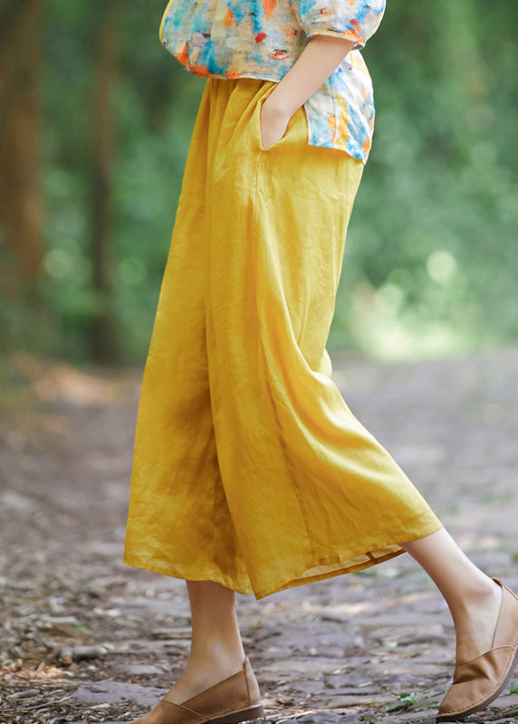 Pantalon court d'été en lin jaune avec poches élastiques et taille simple