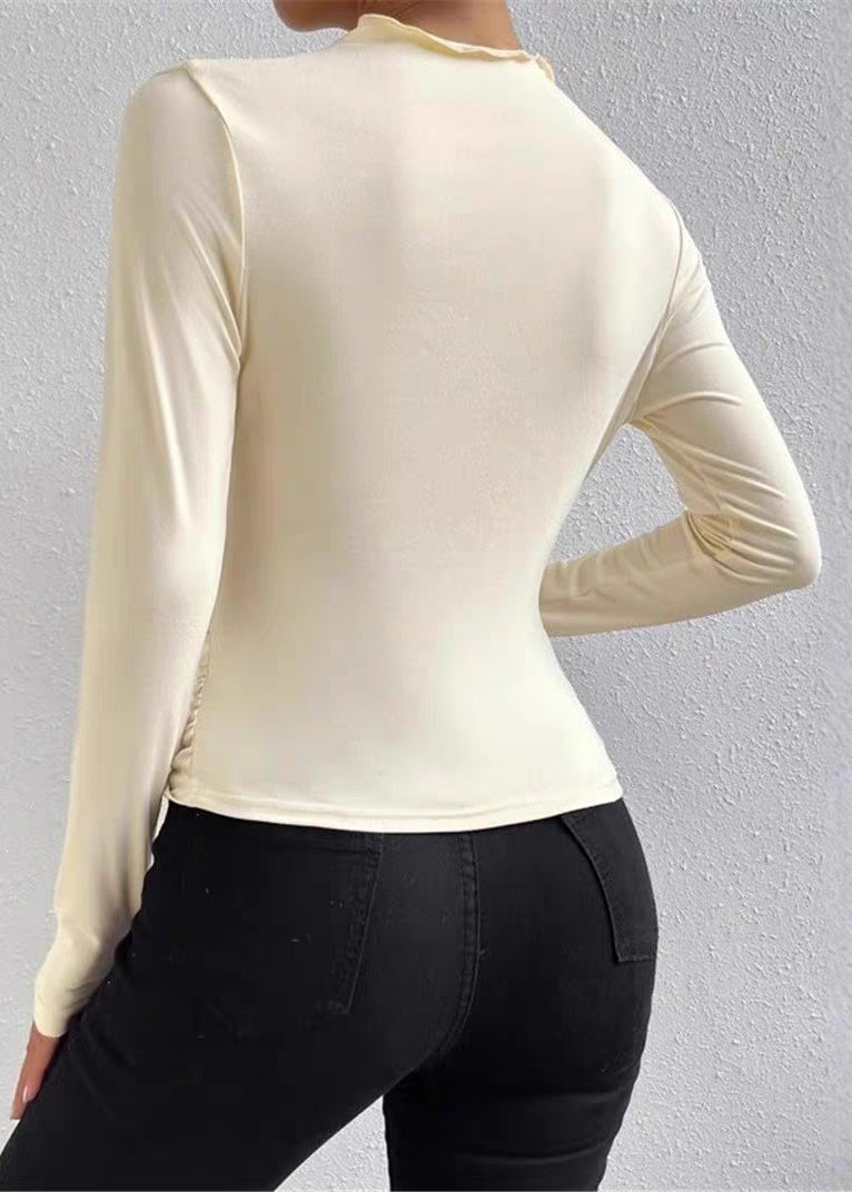 T-shirt slim en coton uni beige froissé, printemps YZ057