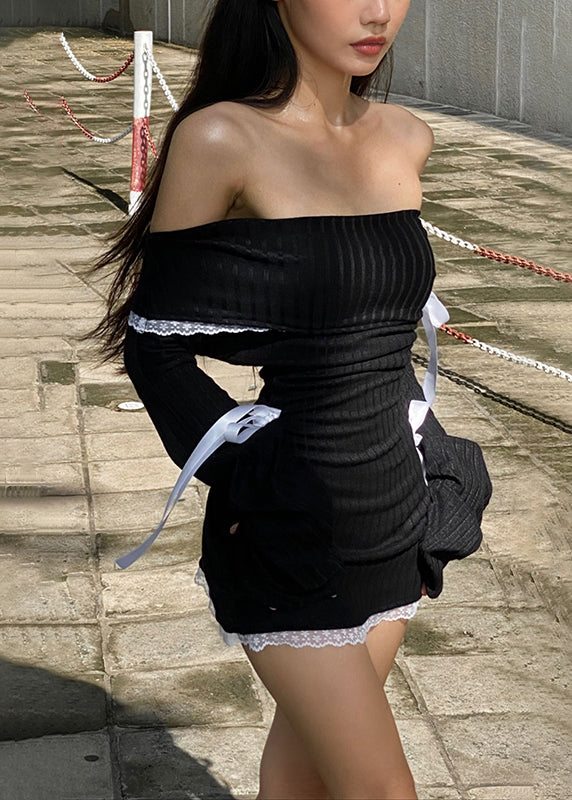 Robe noire slim fit en coton tricoté avec nœud et dentelle, col bateau, printemps YT016