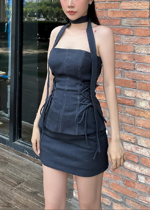 Slim Fit Black Strapless Lace Up Tops And Skirts Two Pieces Set Sleeveless YZ053