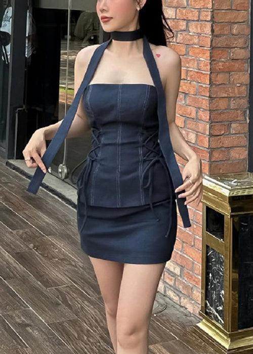 Slim Fit Black Strapless Lace Up Tops And Skirts Two Pieces Set Sleeveless YZ053