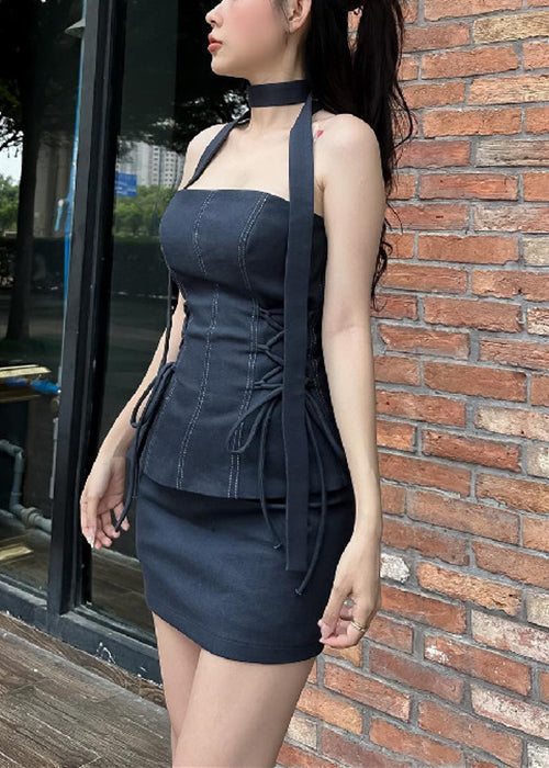 Slim Fit Black Strapless Lace Up Tops And Skirts Two Pieces Set Sleeveless YZ053