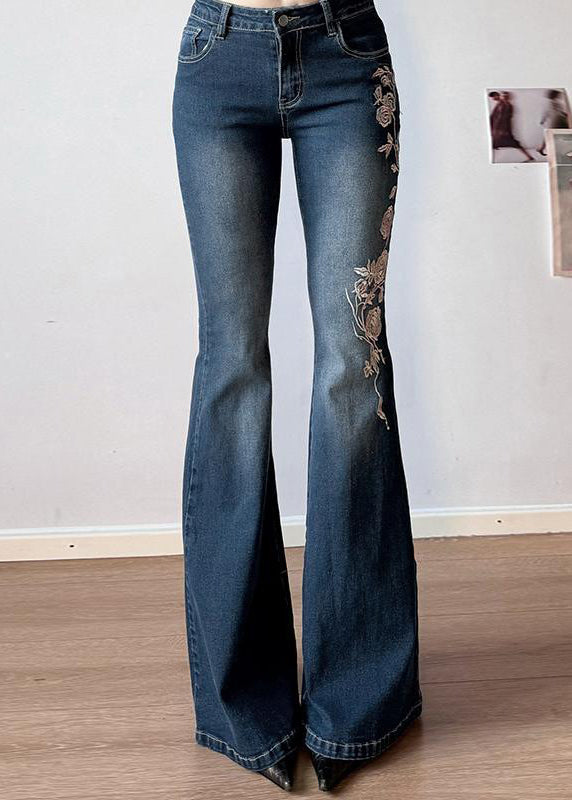 Pantalon bleu brodé en denim taille haute, coupe slim évasée, été