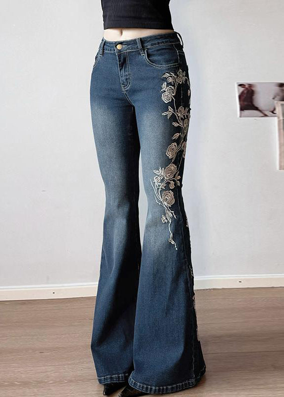 Pantalon bleu brodé en denim taille haute, coupe slim évasée, été