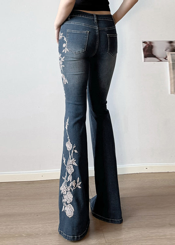Pantalon bleu brodé en denim taille haute, coupe slim évasée, été