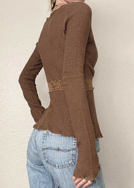 Lace Tops Knit Brown Fit Spring Patchwork Slim