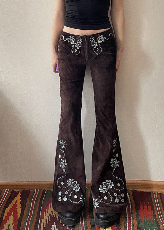 Pantalon évasé ajusté en denim floral chocolat brodé slim