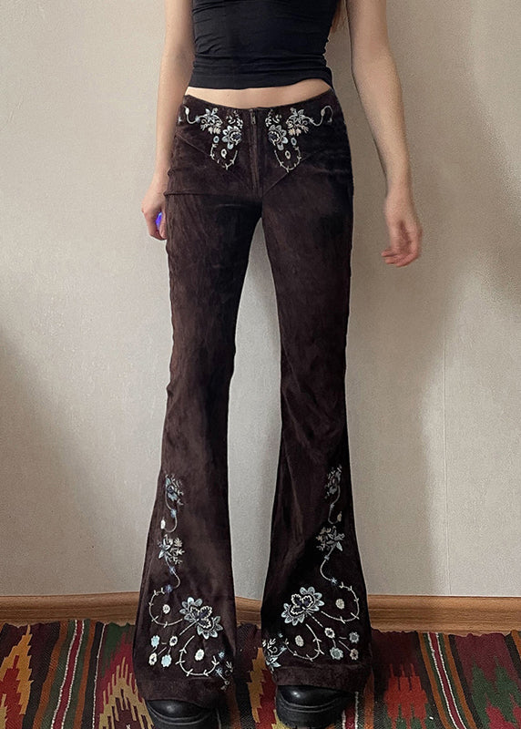 Pantalon évasé ajusté en denim floral chocolat brodé slim