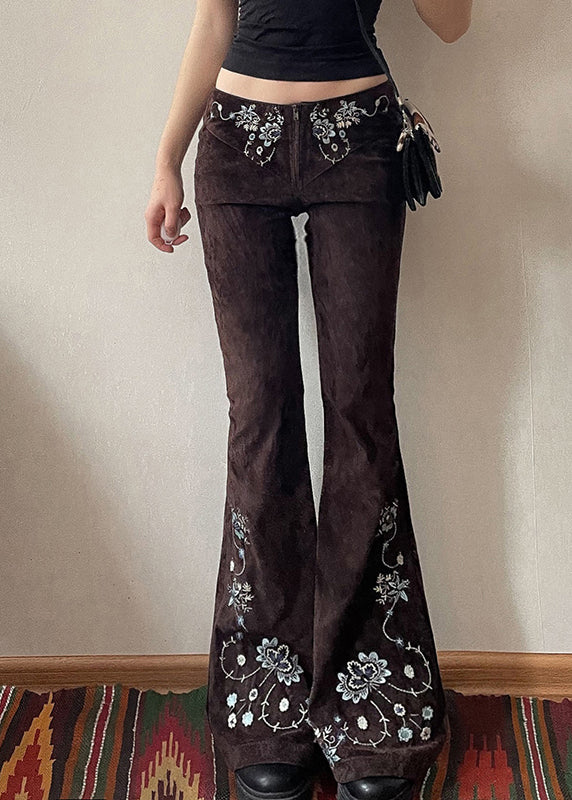 Pantalon évasé ajusté en denim floral chocolat brodé slim