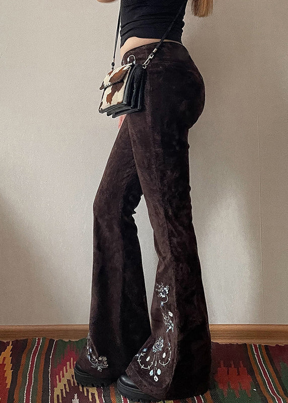 Pantalon évasé ajusté en denim floral chocolat brodé slim