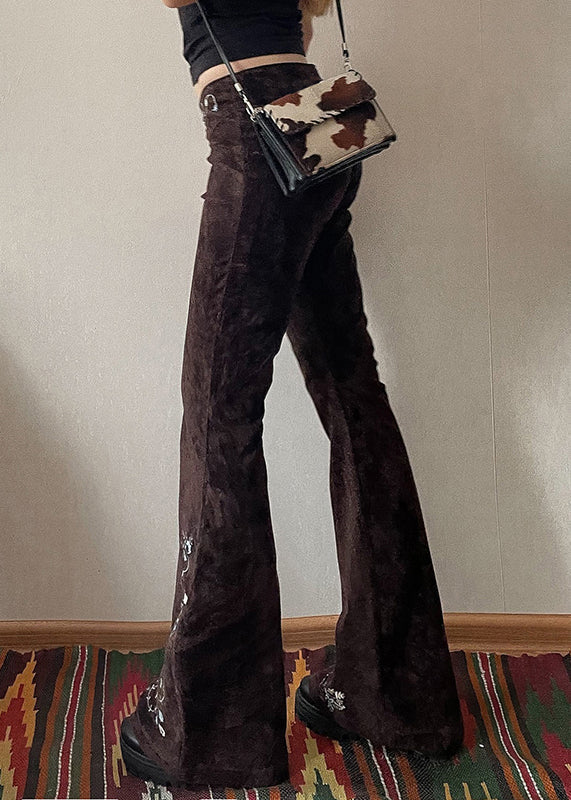 Pantalon évasé ajusté en denim floral chocolat brodé slim