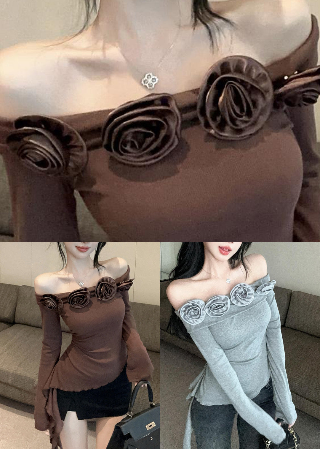 Haut asymétrique à fleurs coupe slim café, printemps RP015