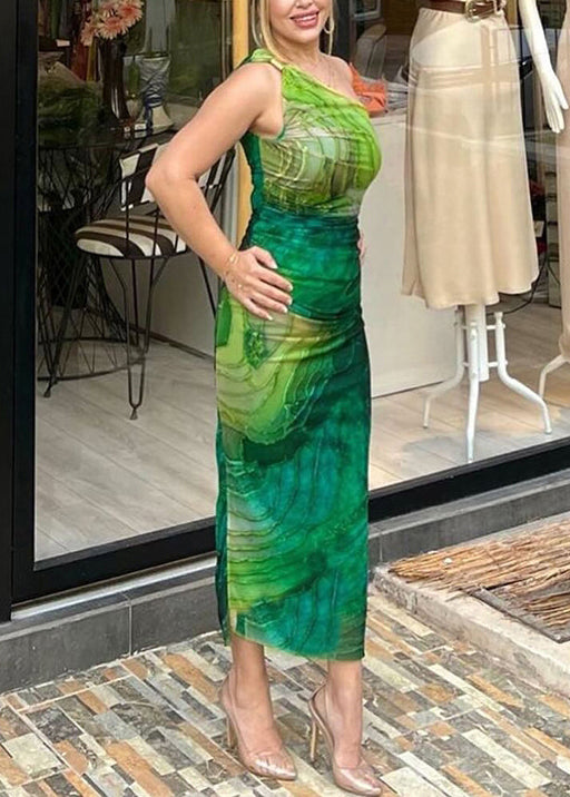 Kleid aus Baumwolle im Slim Fit, ärmellos, kalt, grün, mit langem Schulterprint