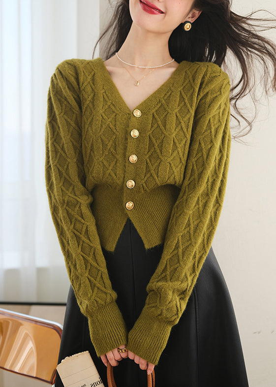 Slim Fit Grüner Strickpullover mit V-Ausschnitt und Knöpfen, Frühling TF009