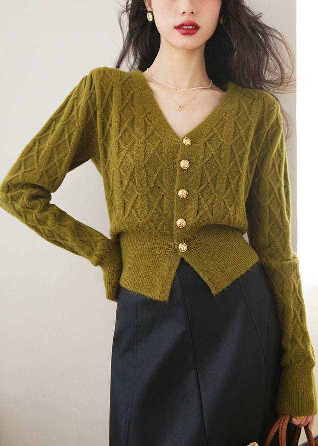 Slim Fit Grüner Strickpullover mit V-Ausschnitt und Knöpfen, Frühling TF009