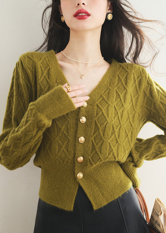 Slim Fit Grüner Strickpullover mit V-Ausschnitt und Knöpfen, Frühling TF009