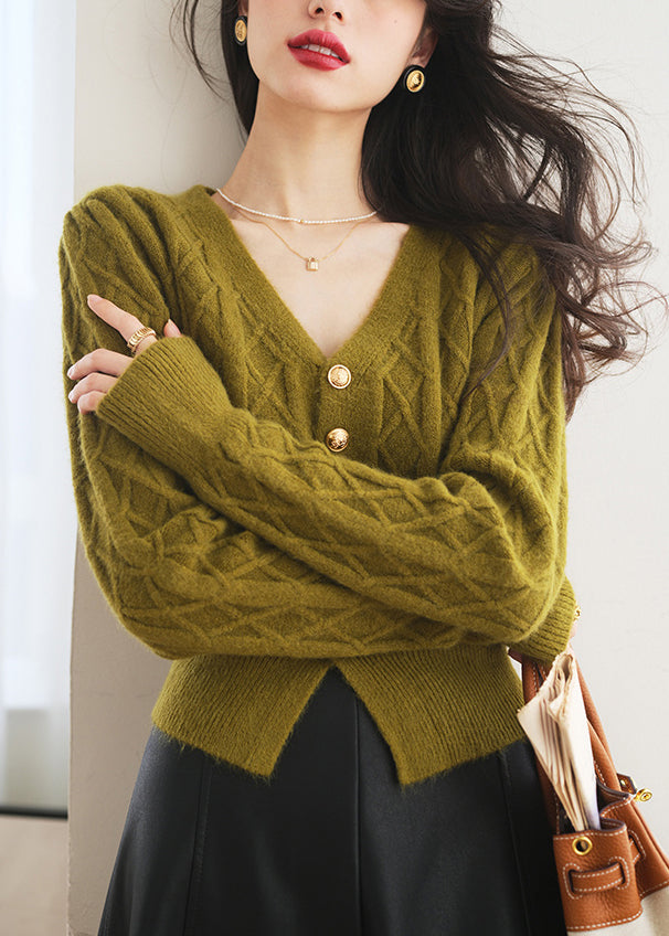 Slim Fit Grüner Strickpullover mit V-Ausschnitt und Knöpfen, Frühling TF009