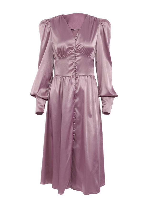 Robe longue en soie froissée à col en V vert coupe ajustée et manches bouffantes ZL061