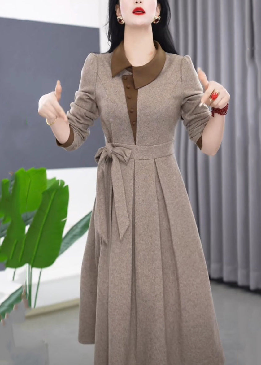 Robe longue grise asymétrique ajustée à nouer à la taille, hiver RF034