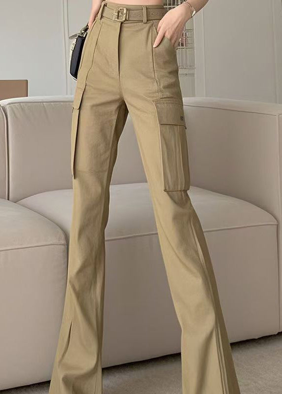 Pantalon évasé en coton avec poches fines et taille haute, coupe printemps, kaki