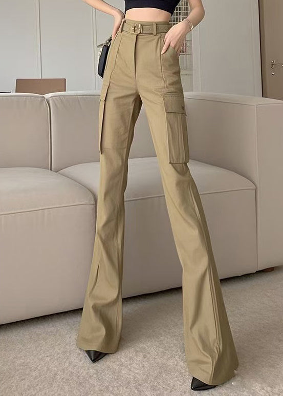 Pantalon évasé en coton avec poches fines et taille haute, coupe printemps, kaki