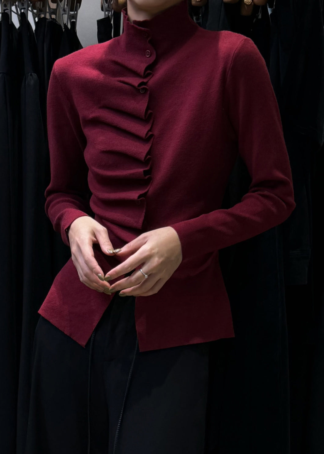 Pull en tricot à boutons froissés coupe slim couleur avoine Hiver WM021