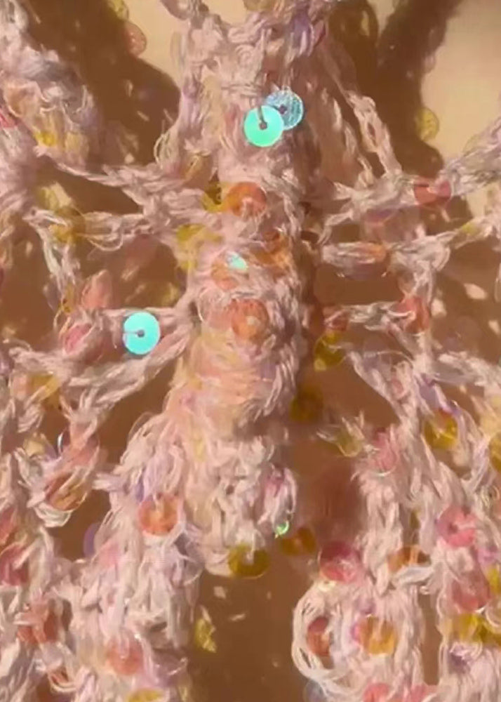 Haut en tricot à paillettes ajourées coupe slim rose à manches longues OP1006