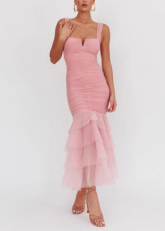 Robe longue plissée en tulle sans manches, coupe ajustée, patchwork, rose