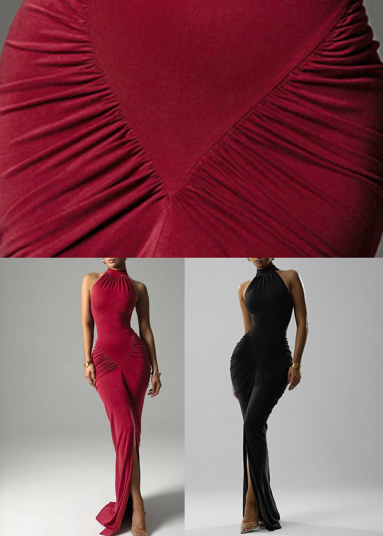 Rotes ärmelloses schmales, offenes Seitenkleid aus Baumwolle mit Falten