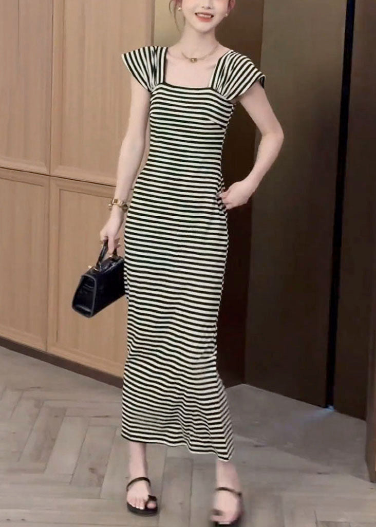 Fit Pockets Dresses Slim Long Square Summer Striped Collar Cotton
