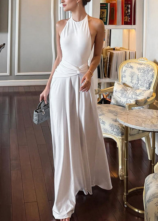 Weißes, ärmelloses, rückenfreies, knöchellanges, schmal geschnittenes Baumwollkleid