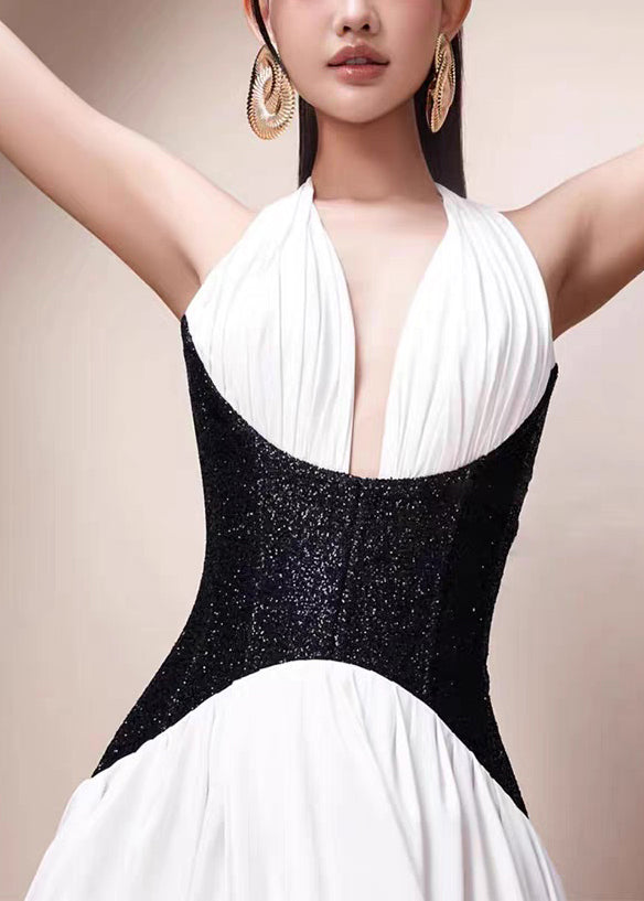 Fit Patchwork Rückenfreies Kleid Lang Ärmellos Schlank Weiß
