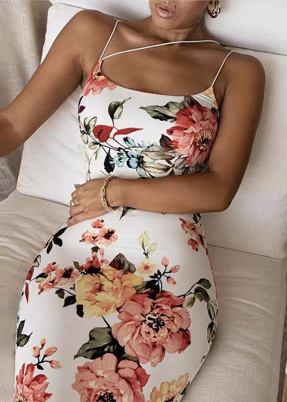 Kleid Weiß Slim Cold Shoulder Baumwolle Strap Spaghetti Print Fit
