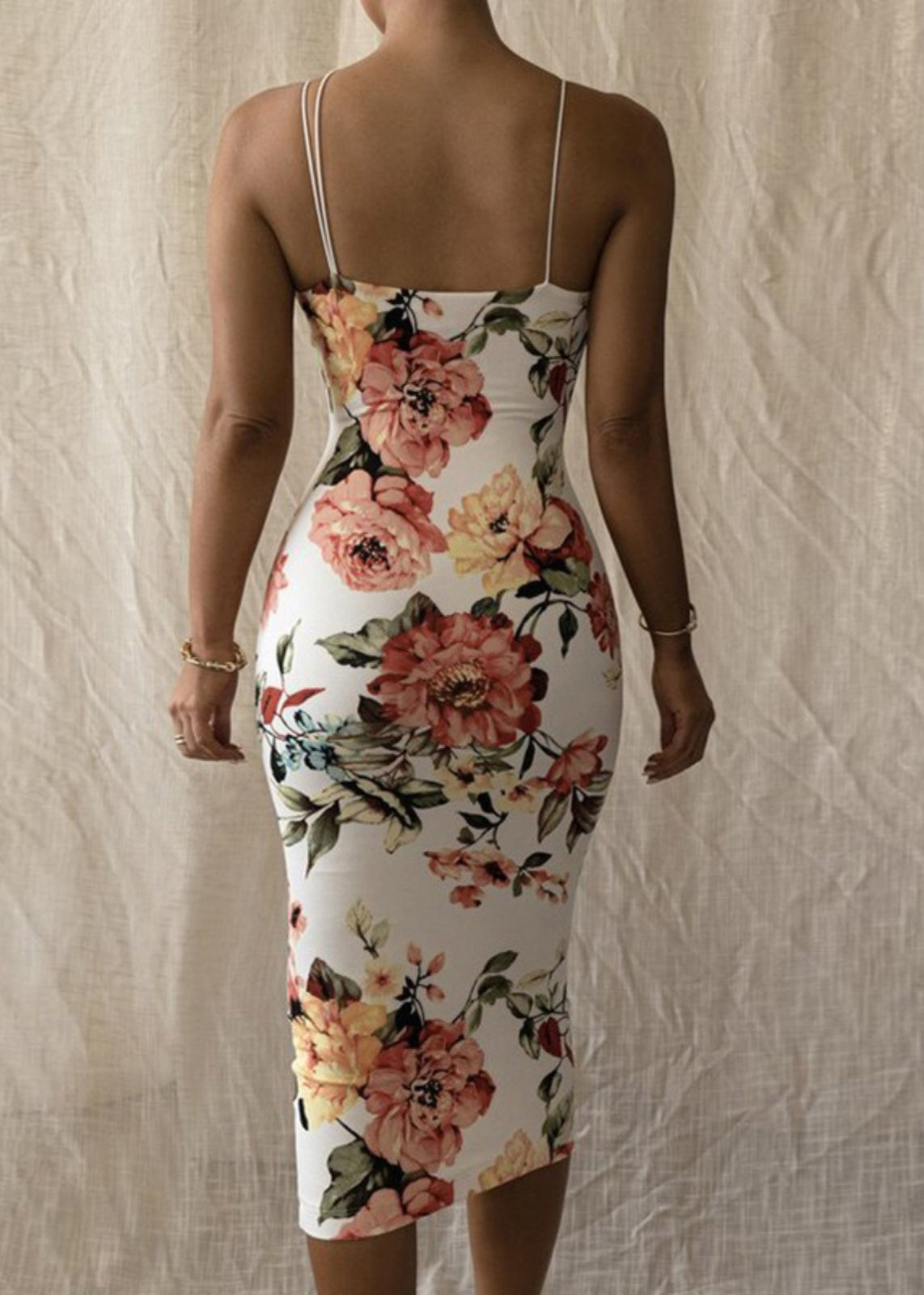Kleid Weiß Slim Cold Shoulder Baumwolle Strap Spaghetti Print Fit