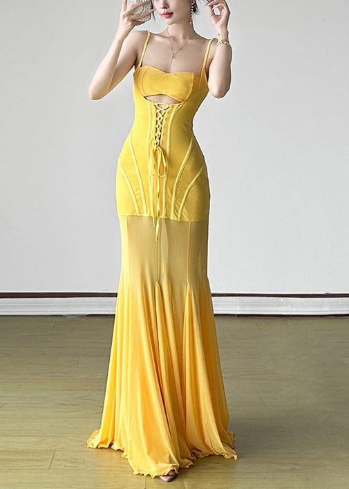 Tüll Schnürung Slim Gelb High Kleid Fit Spaghettiträger Taille