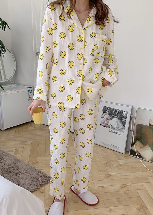 Long Sleeve Pajama Cotton Notched Print Sets Smile