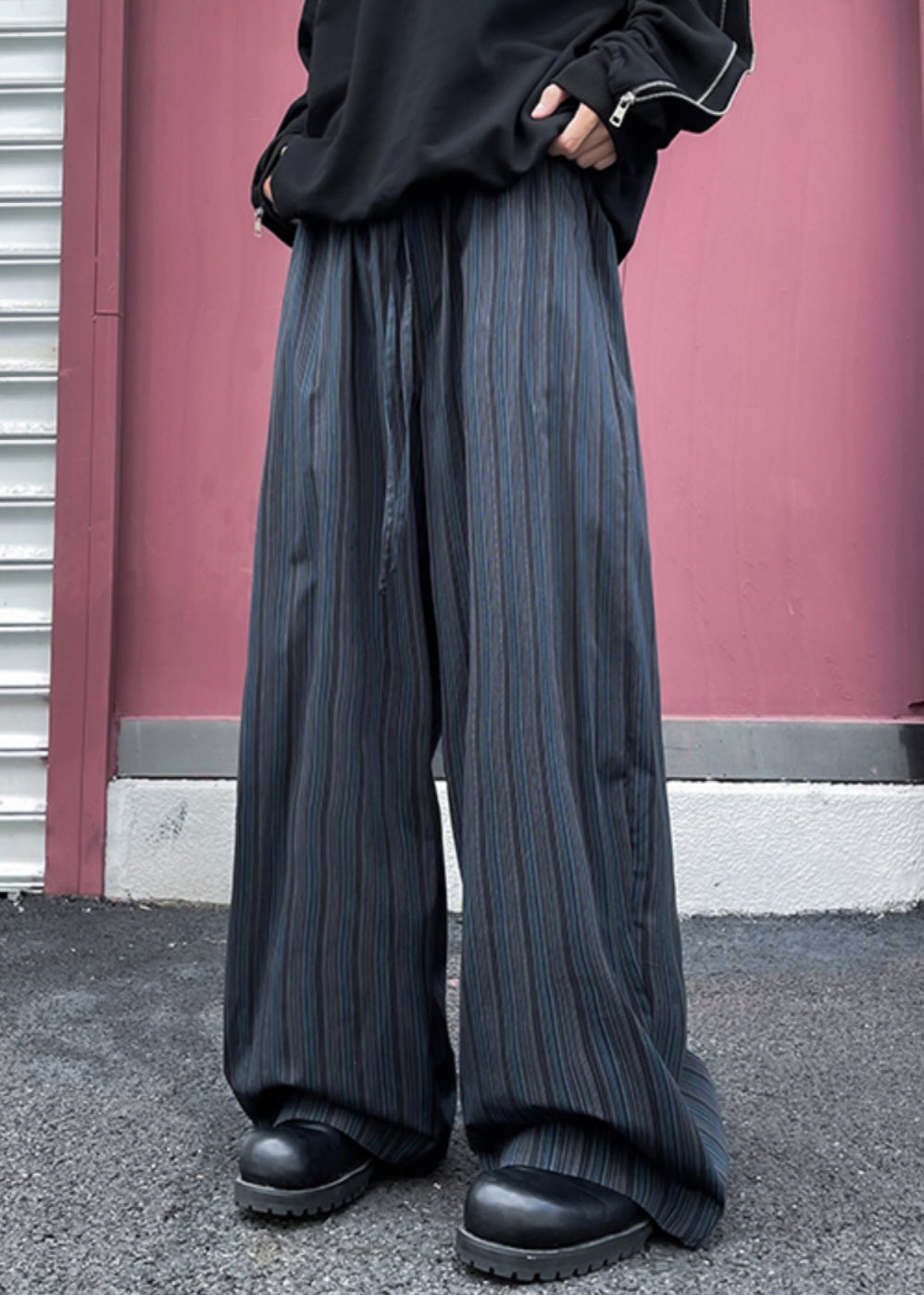 Pantalon en coton à larges rayures et poches pour homme, taille élastique, noir