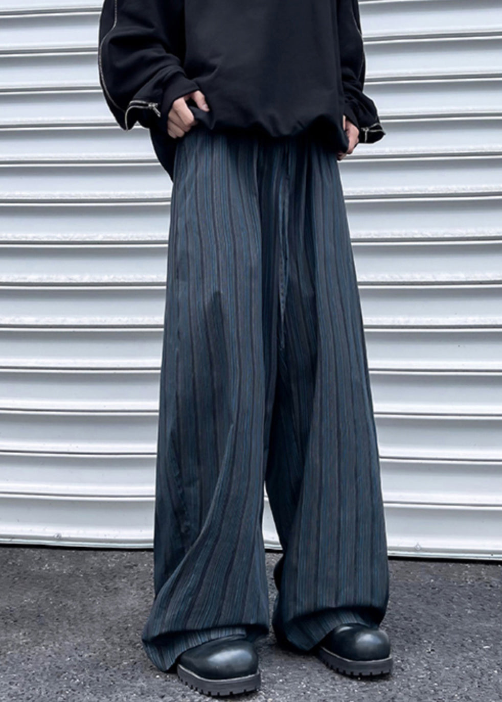 Pantalon en coton à larges rayures et poches pour homme, taille élastique, noir