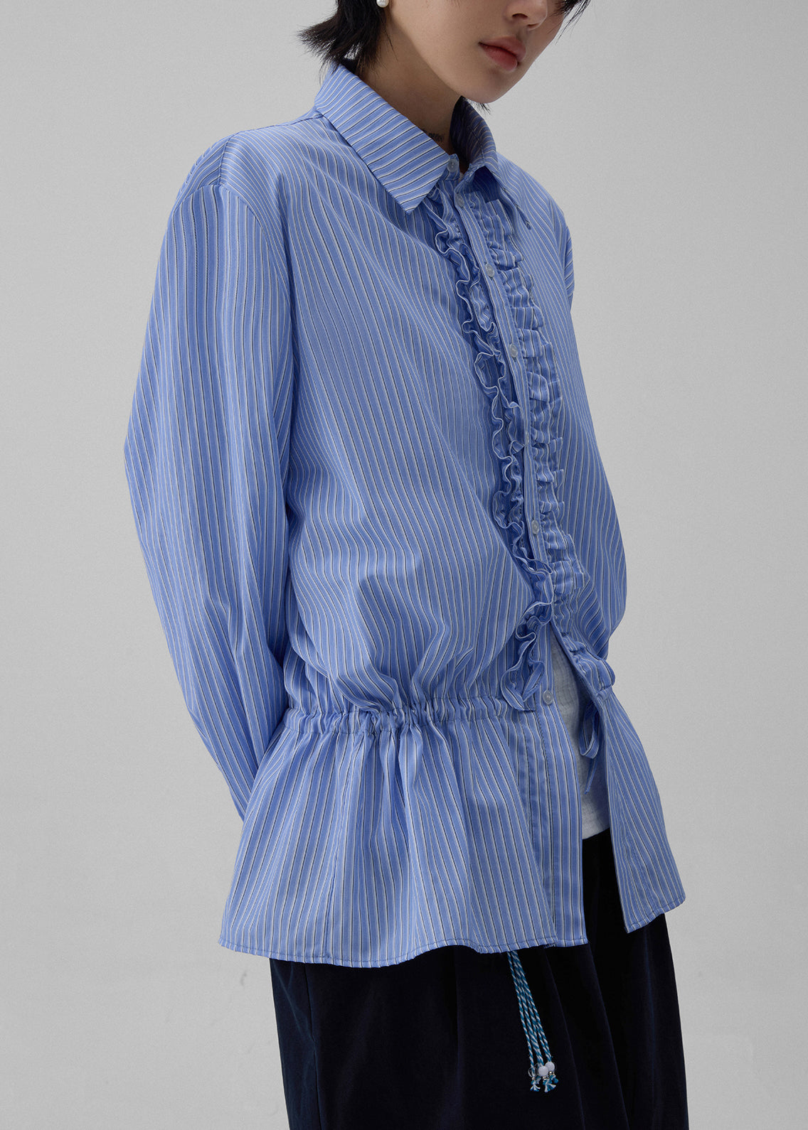 Striped Ruffled Blue Shirt Fall Collar Peter Pan Cotton