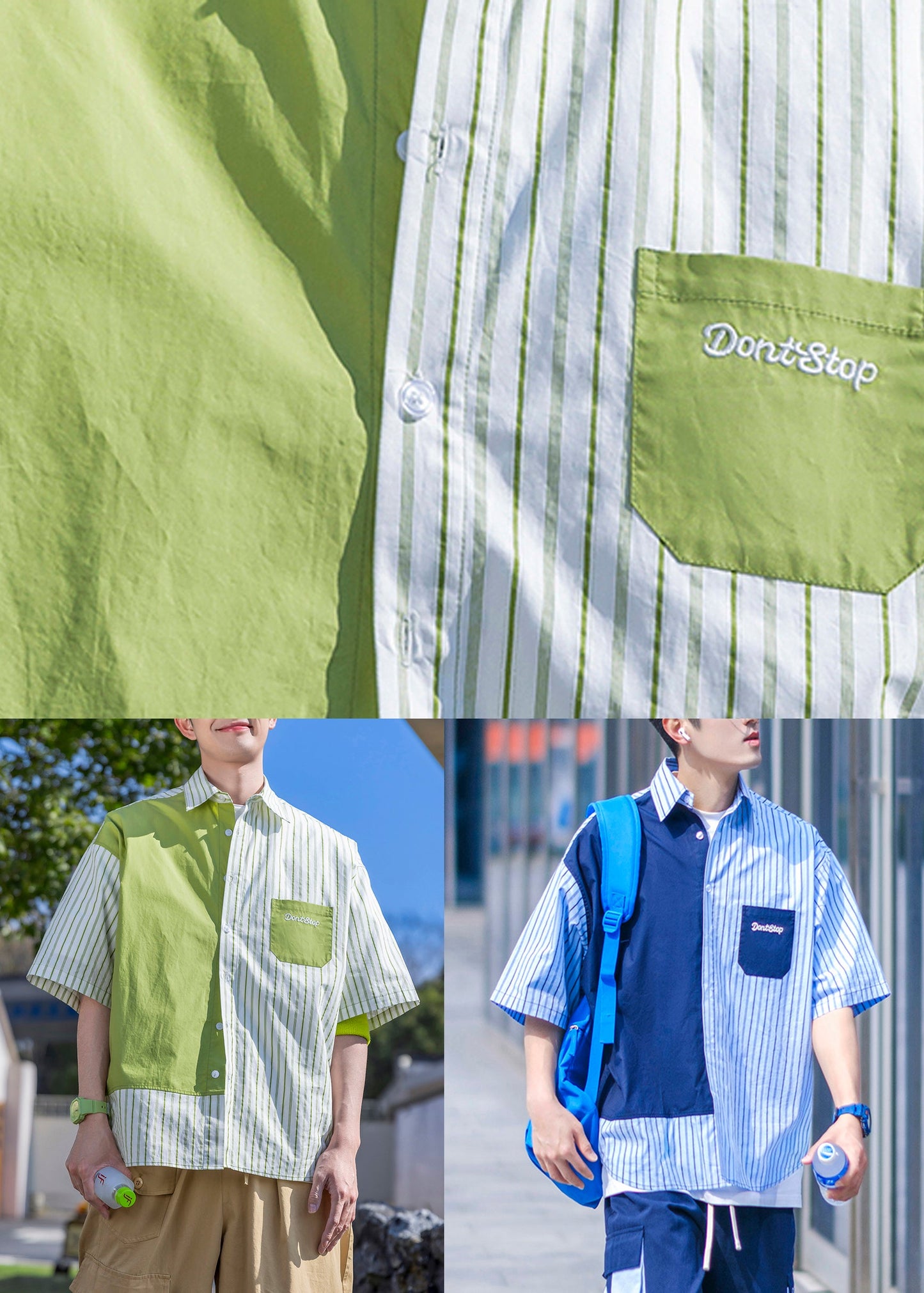 Brief Grün Herren Ärmel Halb Baumwolle Gestreiften Shirts