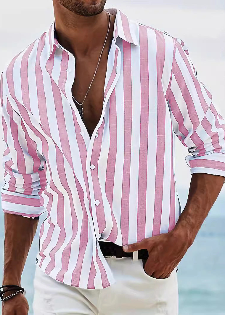 Fall Peter Striped Collar Cotton Shirts Button Red Men Pan