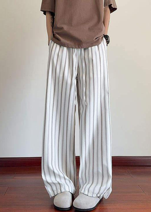 Pantalon large à rayures en coton blanc pour homme avec poches sur les jambes et taille élastique