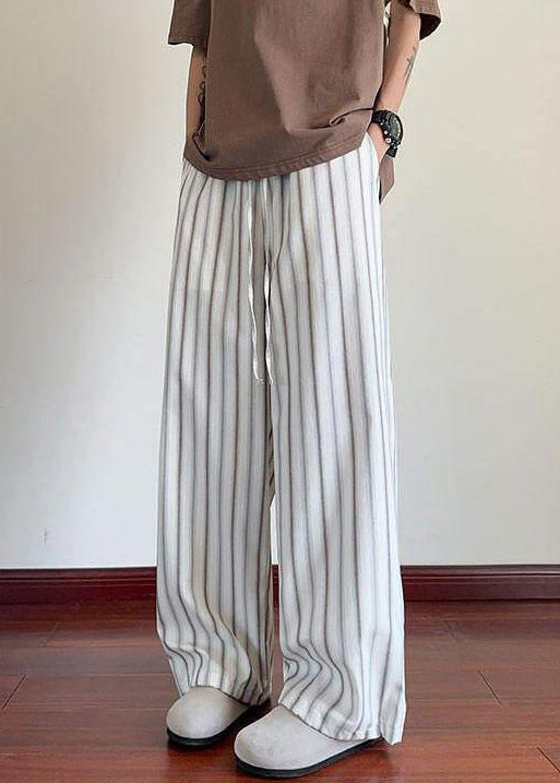 Pantalon large à rayures en coton blanc pour homme avec poches sur les jambes et taille élastique