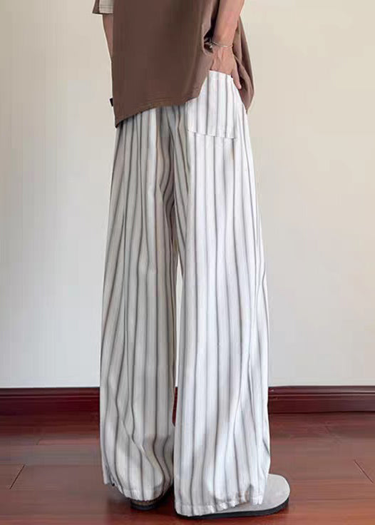 Pantalon large à rayures en coton blanc pour homme avec poches sur les jambes et taille élastique