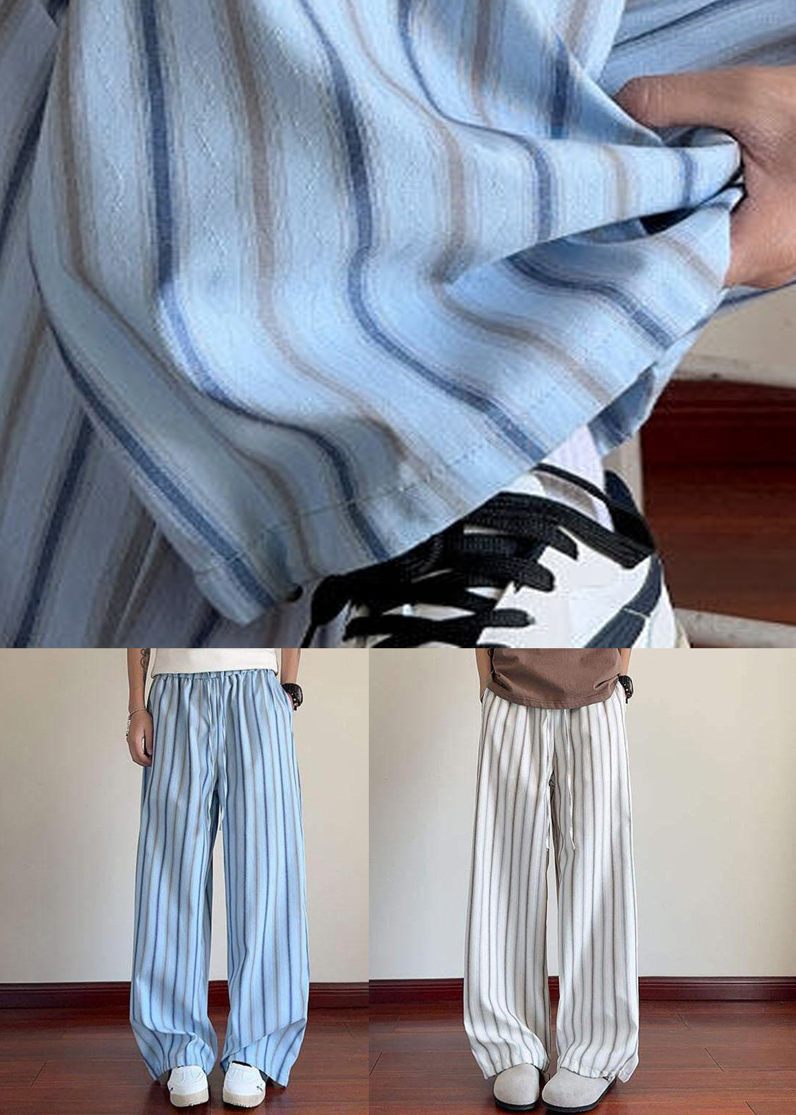 Pantalon large à rayures en coton blanc pour homme avec poches sur les jambes et taille élastique