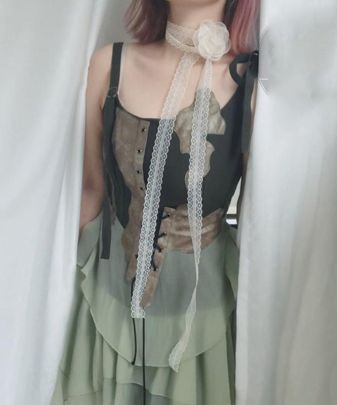 Collier foulard en soie ajouré à fleurs en dentelle beige style YU007