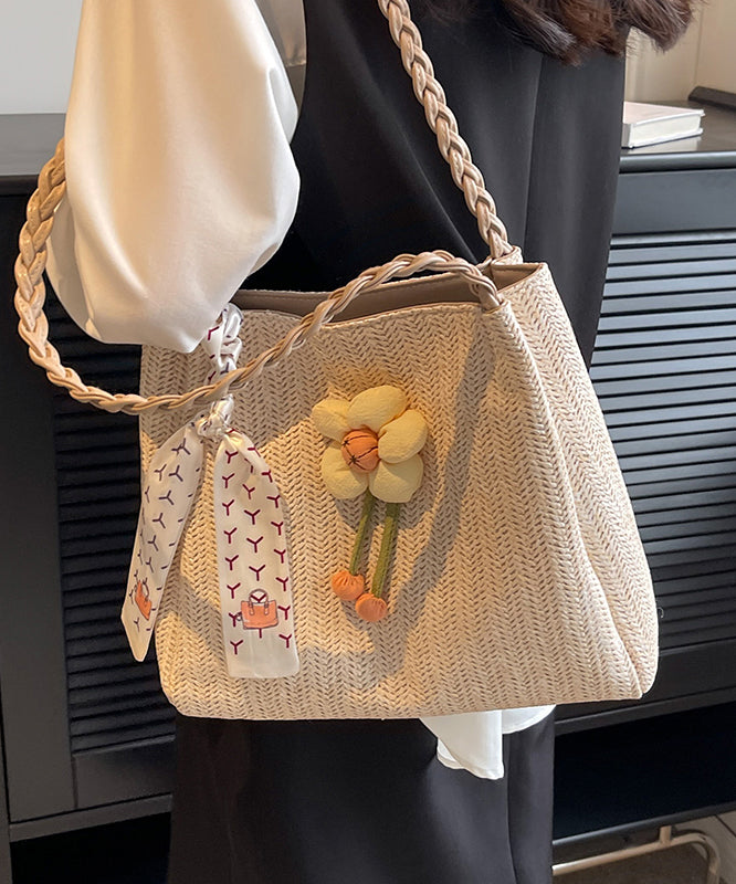 Straw Capacity Shoulder Woven Bag Beige Large Style