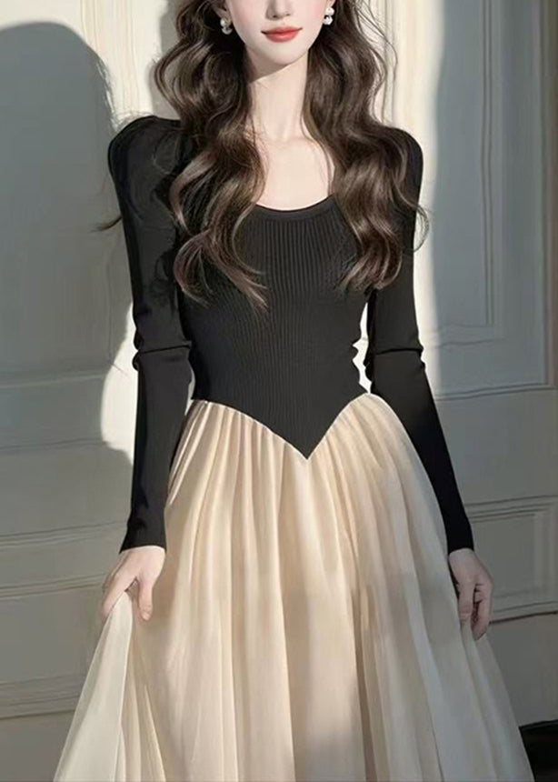 Kleid Falten Lang Patchwork Strick Stil Schwarz