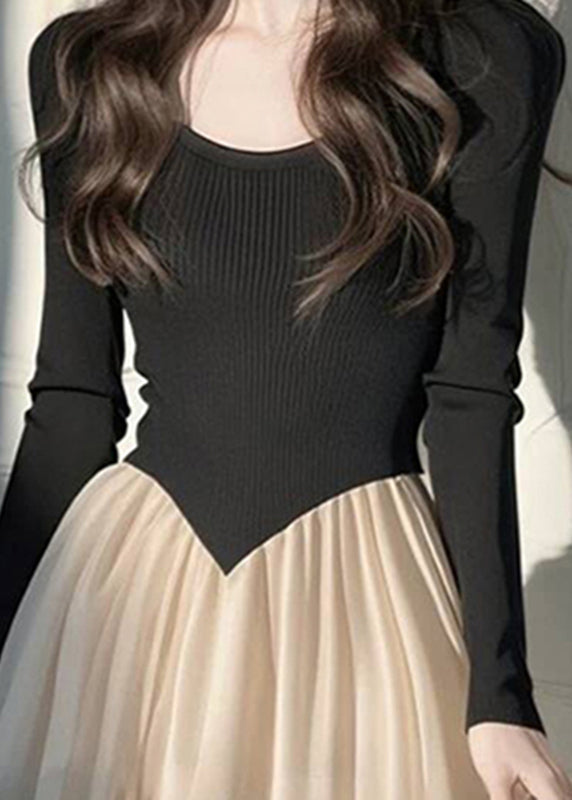 Kleid Falten Lang Patchwork Strick Stil Schwarz