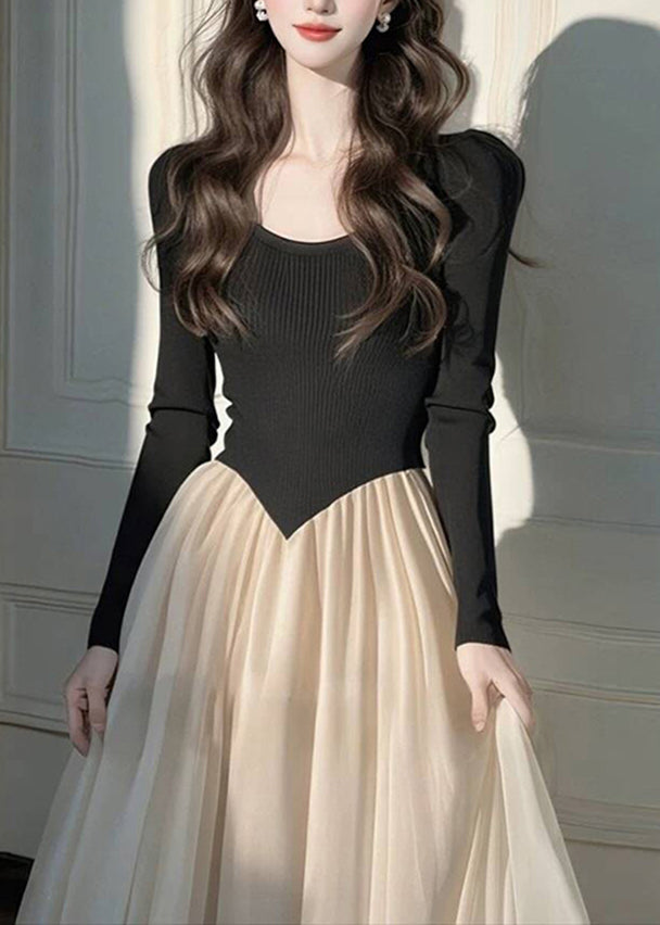 Kleid Falten Lang Patchwork Strick Stil Schwarz